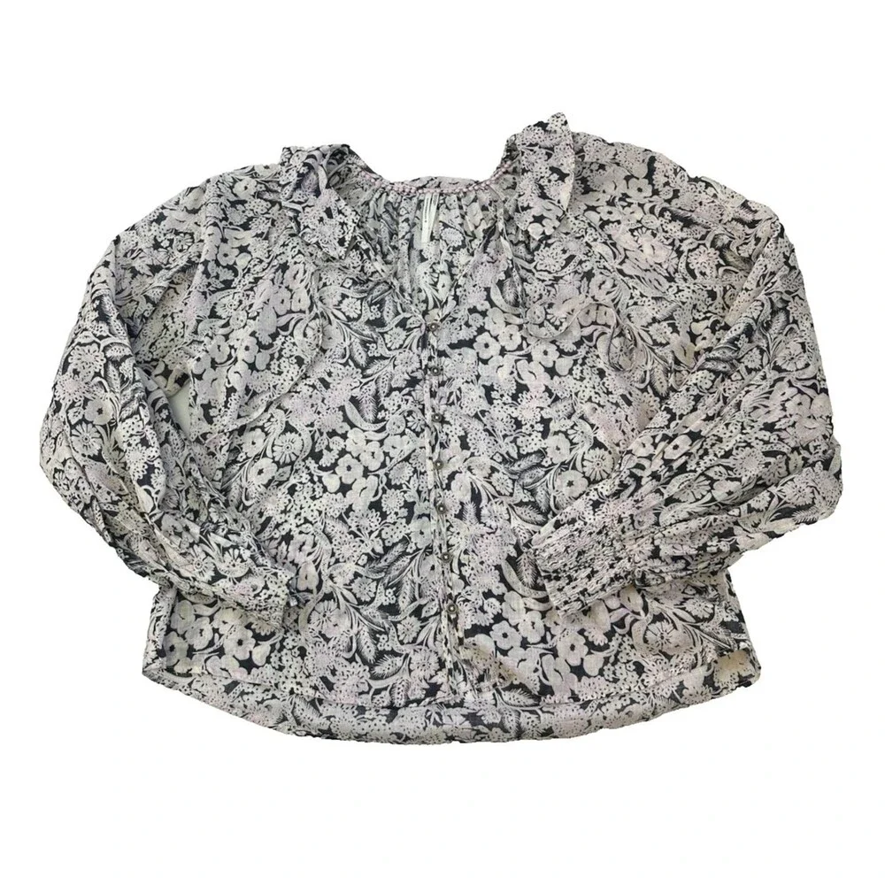 Anthropologie Floral Ruffle Peasant Top Long Puff Sleeves Button Cotton Large